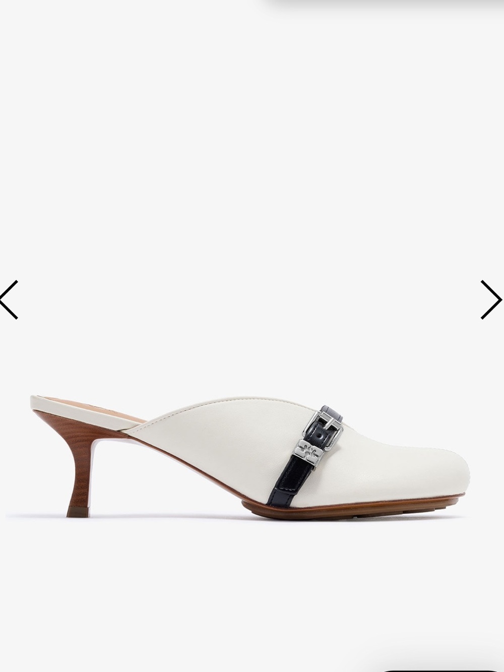 Ganni White Leather Mule with Black Strap and Silver Buckle